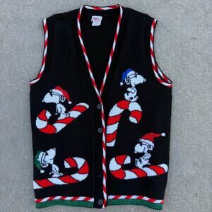 Vintage 90s Snoopy Christmas Ugly Sweater Vest Peanuts Candy Cane Knit MEDIUM